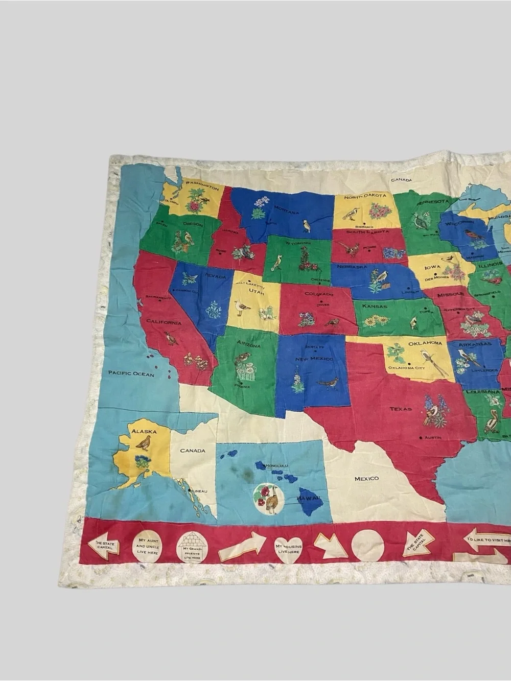 Vintage United States Wall Hanging Quilt Map State Flower/Bird Classroom Decor